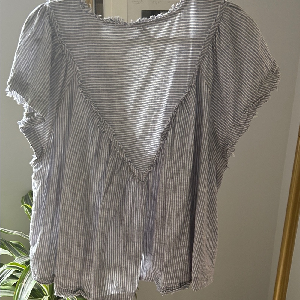 Anthropologie Blue and White Striped Ruffle Low V-Neck Blouse - Picture 6 of 6